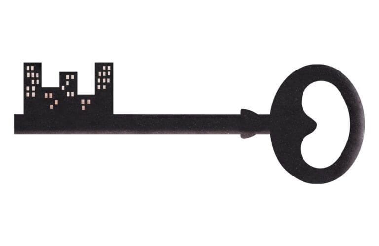 A silhouetted illustration of a key whose bittings are formed of tower blocks with lights on in the windows.