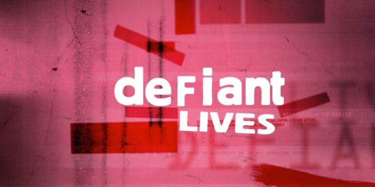 'Defiant Lives' in white letters on a red background.